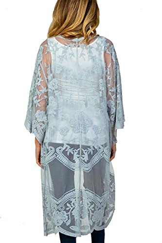L-Peach Damen Spitze Blumen Langes Kleid Strandkleid Pareo Kimono Cover ups One Size von L-Peach