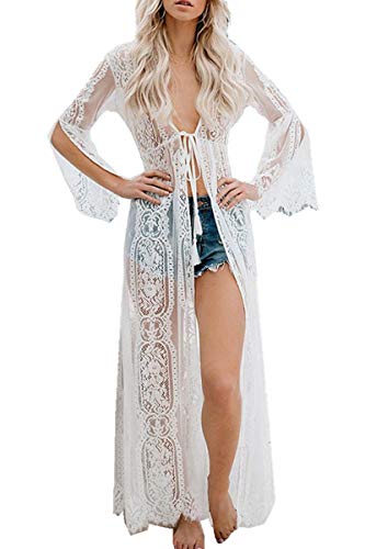 L-Peach Damen Spitze Blumen Langes Kleid Strandkleid Pareo Kimono Cover ups One Size von L-Peach