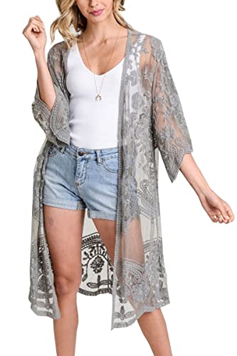 L-Peach Damen Spitze Blumen Langes Kleid Strandkleid Pareo Kimono Cover ups One Size von L-Peach