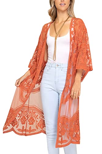 L-Peach Damen Spitze Blumen Langes Kleid Strandkleid Pareo Kimono Cover ups One Size von L-Peach