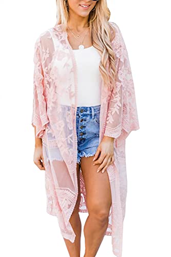 L-Peach Damen Spitze Blumen Langes Kleid Strandkleid Pareo Kimono Cover ups One Size von L-Peach