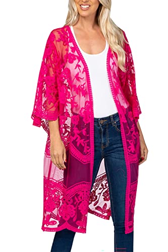 L-Peach Damen Spitze Blumen Langes Kleid Strandkleid Pareo Kimono Cover ups One Size von L-Peach