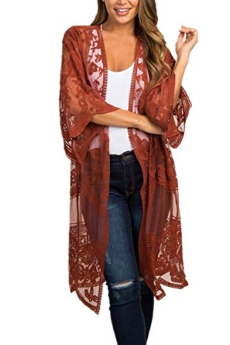 L-Peach Damen Spitze Blumen Langes Kleid Strandkleid Pareo Kimono Cover ups One Size von L-Peach