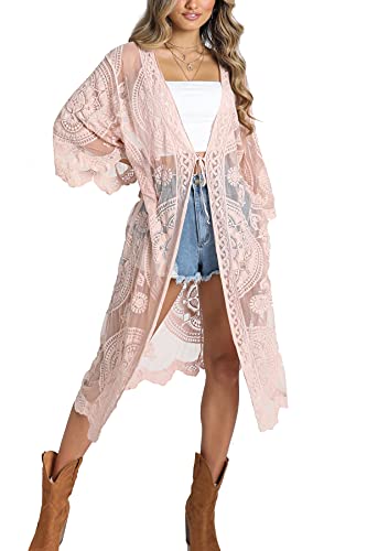 L-Peach Damen Spitze Floral Kimono Strandkleid Pareo für Badeanzug Cover Ups, 02 Rosa., One size von L-Peach