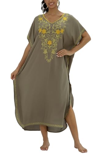 L-Peach Damen Stickerei Kaftan Loungewear Homewear Übergroße Kimono Maxi Strandkleid Cover Ups Robe von L-Peach