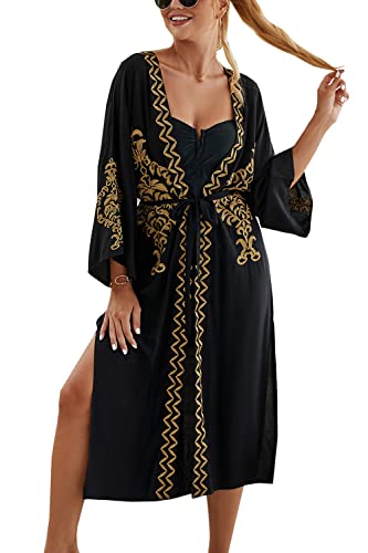 L-Peach Damen Stickerei Kaftan Loungewear Homewear Übergroße Kimono Maxi Strandkleid Cover Ups Robe von L-Peach