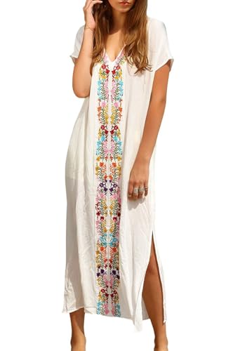 L-Peach Damen Stickerei Kaftan Maxi Homewear Übergroße Kimono Maxi Strandkleid Robe Cover Ups von L-Peach