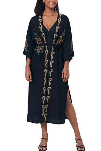 L-Peach Damen Stickerei Kaftan Maxi Homewear Übergroße Kimono Maxi Strandkleid Robe Cover Ups von L-Peach