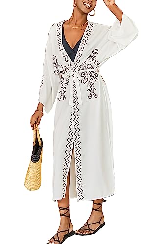 L-Peach Damen Stickerei Kaftan Maxi Homewear Übergroße Kimono Maxi Strandkleid Robe Cover Ups von L-Peach