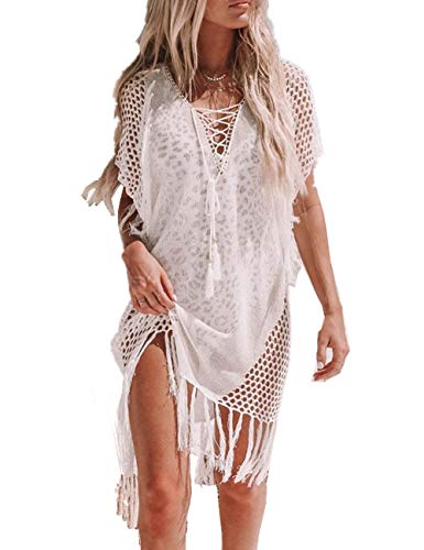 L-Peach Damen Crochet Bikini Cover up Sommer Häkeln Tunika Pareo Beachwear Strandkleid Sommerkleid von L-Peach