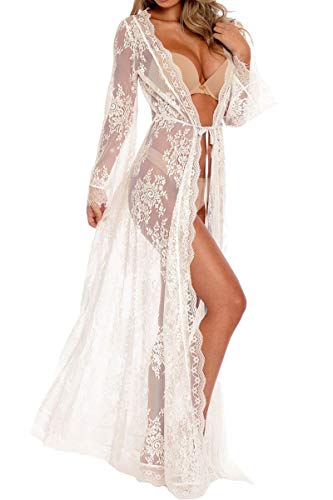 L-Peach Damen V-Ausschnitt Langes Spitzen Kleid Maxi Strandkleid Pareo Cover ups von L-Peach