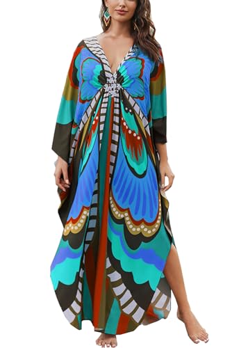 L-Peach Frauen Bohemian Print Kaftan Loungewear Nachthemd Maxi Nachtwäsche Strandkleid Badeanzug Cover ups, C Blau, Einheitsgröße von L-Peach