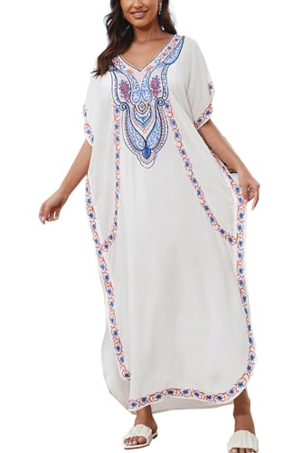 L-Peach Frauen Stickerei Kaftan Maxi Strandkleid Loungewear Homewear Oversized Cover Ups Roben, A1 Weiß, Einheitsgröße von L-Peach