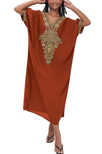 L-Peach Frauen Stickerei Kaftan Maxi Strandkleid Loungewear Homewear Oversized Cover Ups Roben, A2 Braun, Einheitsgröße von L-Peach