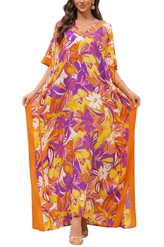 L-Peach Langes Kaftan-Nachthemd für Damen, geräumig, Homewear, übergroß, Maxi-Kimono-Vertuschung, Bademäntel, A1 Gelb Rot, One size von L-Peach