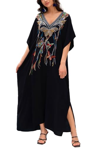 L-Peach Stickerei Übergröße geräumiges Nachthemd türkische Kaftans seitlich geteilt Strand Kaftan Kleider Badeanzug Cover Ups, B Schwarz 5, One size von L-Peach