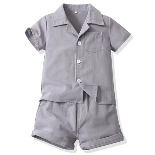 L SERVER Anzug Baby Jungen Revers Kurzarm Hemd + Shorts 2er Set Baumwolle Bekleidungssets Kinder Casual Kleidung für Sommer, Grau, 74-80 von L SERVER
