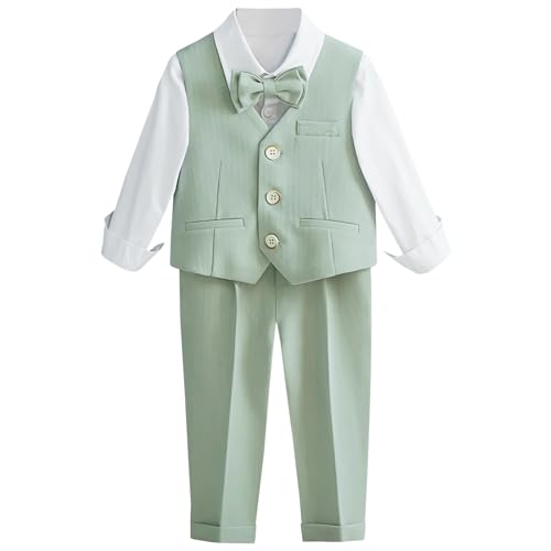 L SERVER Anzug Hochzeit Jungen Mode Weste + Hemd + Hose + Fliege 4er Set Taufanzug Kinder Festliche Kleidung, Grün, 134-140 von L SERVER