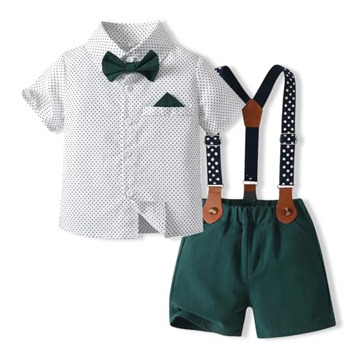 L SERVER Baby Anzug Junge Kurzarm Hemd + Hosenträger Shorts 2er Set Baumwolle Kleidung Kinder Casual Bekleidungssets für Sommer, Weiß A, 134-140 von L SERVER