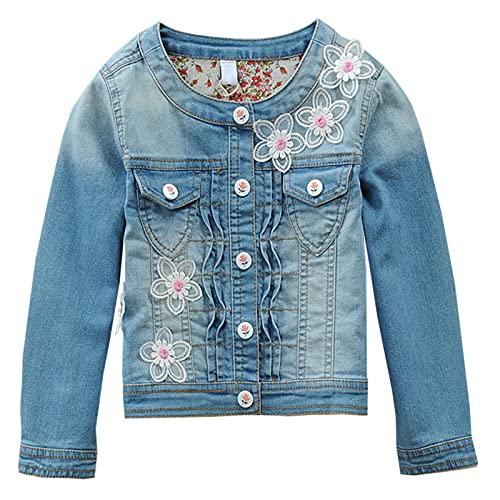 L SERVER Jeansjacke Mädchen Rundhals Übergangsjacke Gestickte Blumen Kinder Denim Jacke Frühling Herbst Langarm Tops Oberbekleidung, 104-110 von L SERVER