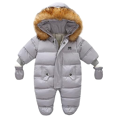 L SERVER Baby Strampler Neugeborene Jungen Fleece Dicke Winteroverall Mädchen Winddichter Warmer Schneeanzug mit Fellkragenkapuze, Grau, 80-86 von L SERVER