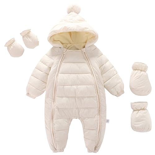 L SERVER Baby Strampler Neugeborene Jungen mit Kapuze Fleece Skianzug Mädchen Warme Winteroverall Winddichte Schneeoverall mit Handschuhen + Fußschützern, Beige, 68-74 von L SERVER