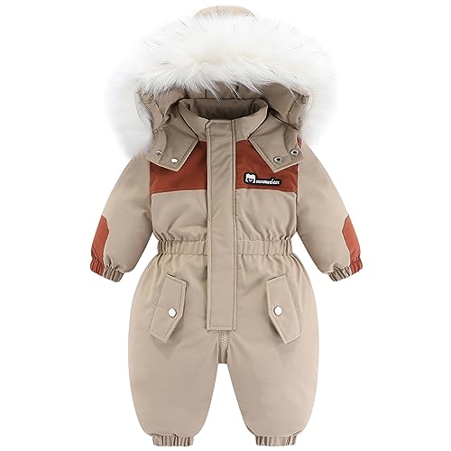 L SERVER Baby Winteroverall Jungen Winddichte Warme Skianzug Mädchen Fleece Dicke Schneeoverall Stylisches Schneeanzug mit Fellkragen Kapuze, Khaki, 86 von L SERVER