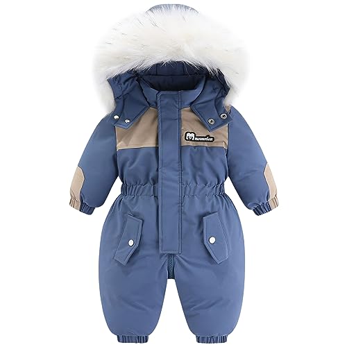 L SERVER Baby Winteroverall Jungen Winddichte Warme Skianzug Mädchen Fleece Dicke Schneeoverall Stylisches Schneeanzug mit Fellkragen Kapuze, Nebelblau, 86 von L SERVER