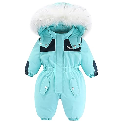 L SERVER Baby Winteroverall Jungen Winddichte Warme Skianzug Mädchen Fleece Dicke Schneeoverall Stylisches Schneeanzug mit Fellkragen Kapuze, Seeblau, 104-110 von L SERVER