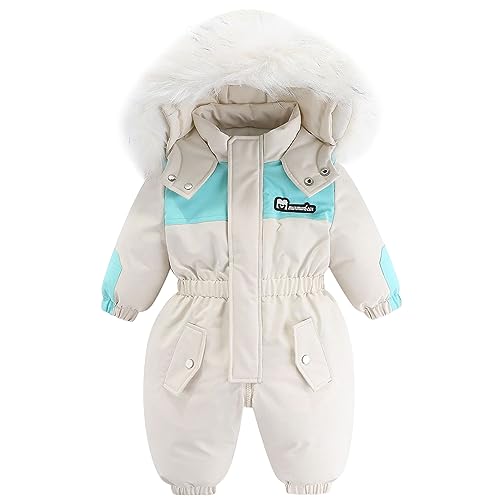 L SERVER Baby Winteroverall Jungen Winddichte Warme Skianzug Mädchen Fleece Dicke Schneeoverall Stylisches Schneeanzug mit Fellkragen Kapuze, Weiß, 86 von L SERVER