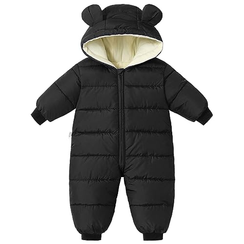 L SERVER Baby Winteroverall Mädchen mit Kapuze Warmes Schneeanzug Jungen Fleece Dicke Skianzug Winddichter Outdoor Schneeoverall, Schwarz, 92-98 von L SERVER