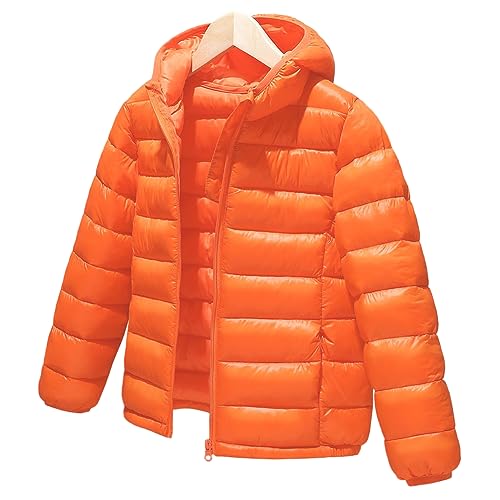 L SERVER Daunenjacke Kinder Jungen mit Kapuze Winddichter Warmer Parka Mädchen Stylische Leichte Winterjacke Sportliche Steppjacke Wintermantel, Orange, 152-158 von L SERVER