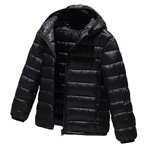 L SERVER Daunenjacke Kinder Jungen mit Kapuze Winddichter Warmer Parka Mädchen Stylische Leichte Winterjacke Sportliche Steppjacke Wintermantel, Schwarz, 134-140 von L SERVER