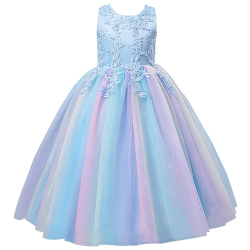 L SERVER Festliches Kleid Mädchen Ärmelloses Prinzessinnenkleid Kinder Mesh Kleider Fliege Elegante Abendkleider, Blaugefärbt, 9-10 Jahre von L SERVER