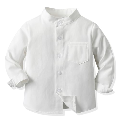 L SERVER Hemd Jungen Baumwoll Strickjacke Kinder Langärmelige Hemden Stehkragen Frühjahr und Herbst Freizeithemd, Weiß, 116 von L SERVER