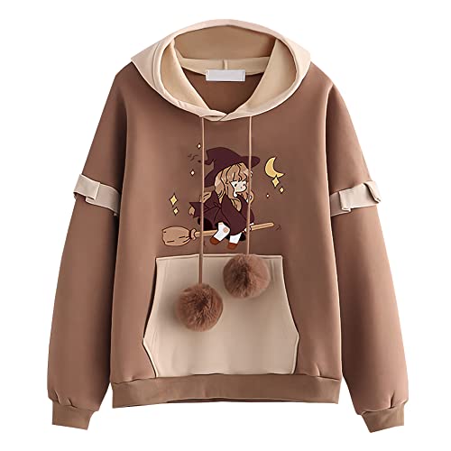 L SERVER Hoodie Mädchen Bequemer Modischer Kapuzenpullover Kinder Niedliches Sweatshirt mit Cartoon-Druck Frühling und Herbst Lässigen Sport Pullover, Braun - Hexe, L/164 von L SERVER