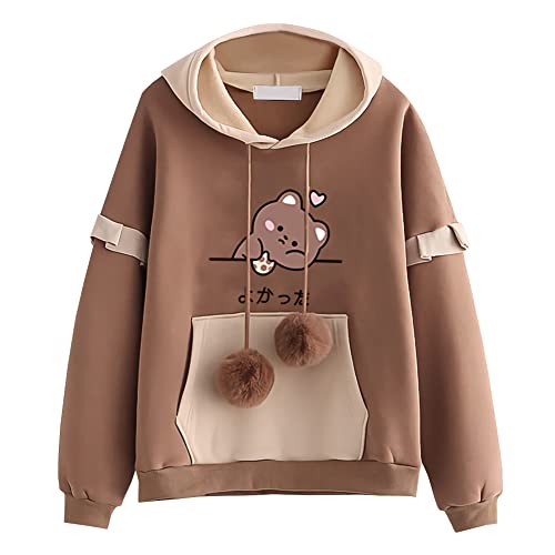 L SERVER Hoodie Mädchen Bequemer Modischer Kapuzenpullover Kinder Niedliches Sweatshirt mit Cartoon-Druck Frühling und Herbst Lässigen Sport Pullover, Braun - Niedlich, L/164 von L SERVER