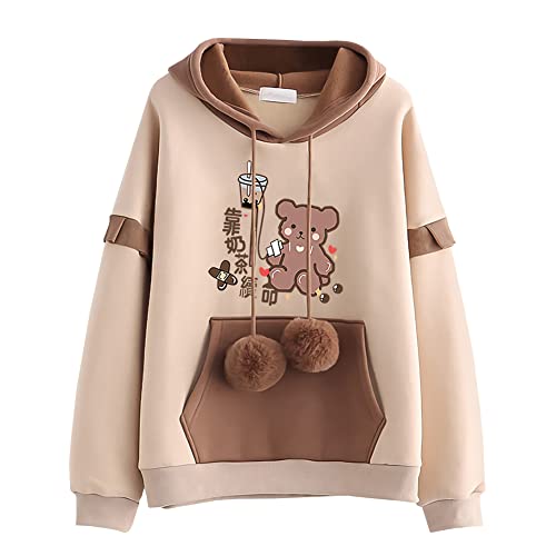 L SERVER Hoodie Mädchen Bequemer Modischer Kapuzenpullover Kinder Niedliches Sweatshirt mit Cartoon-Druck Frühling und Herbst Lässigen Sport Pullover, Khaki - Bärenjunges, S/146 von L SERVER