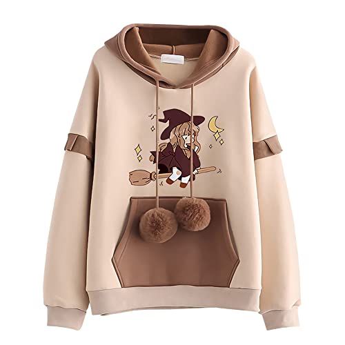 L SERVER Hoodie Mädchen Bequemer Modischer Kapuzenpullover Kinder Niedliches Sweatshirt mit Cartoon-Druck Frühling und Herbst Lässigen Sport Pullover, Khaki - Hexe, L/164 von L SERVER