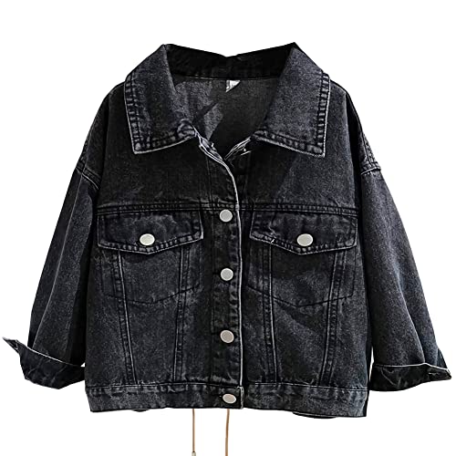 L SERVER Jeansjacke Kinder Mädchen Stilvoll All-match Denim Jacke Leichte Bequeme Übergangsjacke Passform Mantel für Frühling und Herbst, Denim Schwarz, 140/134-140 von L SERVER