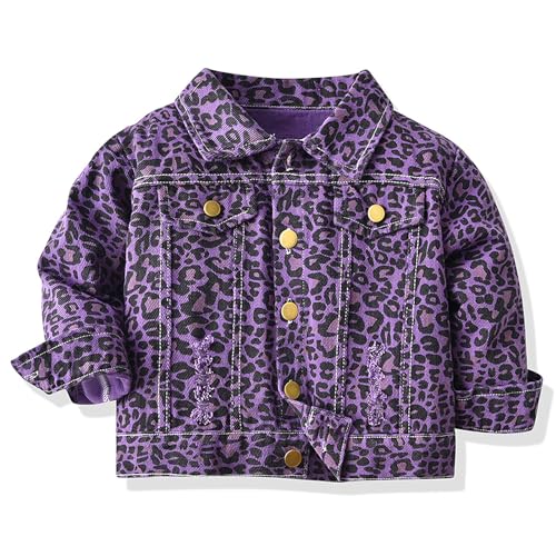 L SERVER Jeansjacke Mädchen Kinder Modische Druckjacke Langärmelige Übergangsjacke Revers Baumwolle Frühlingsjacke Herbst Mantel, Lila, 134-140 von L SERVER