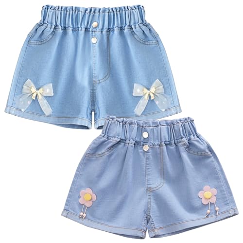 L SERVER Jeansshorts Mädchen Baumwoll Denim Shorts Kinder Casual Jeans Shorts 2er Set Sommer Shorts, Blau C (2Stück), 134-140 von L SERVER