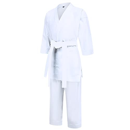 L SERVER Judoanzug Kinder mit Gürtel Jungen Bequemer Professioneller Karateanzug Mädchen V-Ausschnitt Taekwondo Anzug, Weißer Gürtel, 120 von L SERVER