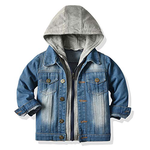 L SERVER Jungen Jeansjacke Langarm Kinder Denim Jacke Jeansmantel Frühling Herbst Jacke Top Langarm Jacket Übergangsjacke, Blau-mit Kapuze, 80-86 von L SERVER