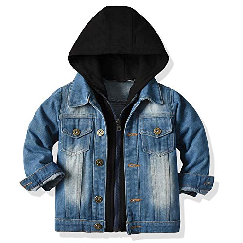 L SERVER Jungen Jeansjacke Langarm Kinder Denim Jacke Jeansmantel Frühling Herbst Jacke Top Langarm Jacket Übergangsjacke, Schwarz-mit Kapuze, 116 von L SERVER
