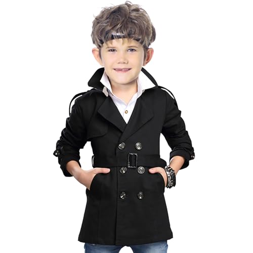L SERVER Jungen Trenchcoat Kinder übergangsjacke Windbreaker Herbst Frühling Jacke Outdoorjacke Klassische Trench Mantel mit Revers zweireihig und Gürtel, Schwarz, 122-128 von L SERVER