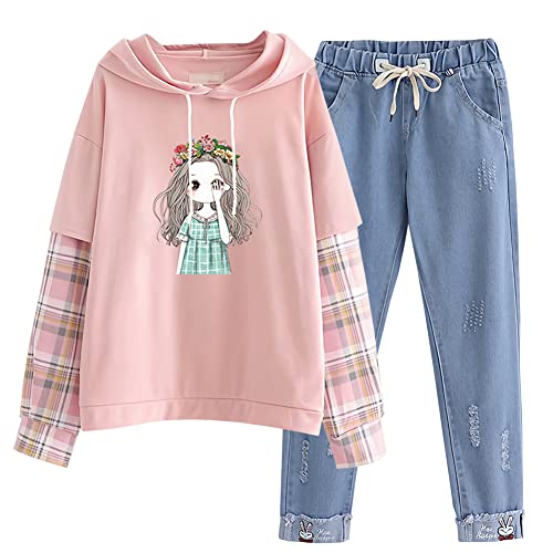 L SERVER Kapuzenpullover für Mädchen Niedlich Bedruckter Sportanzug Kinder Bequemes Hoodie + Jeans 2 Stück Frühling und Herbst Freizeit Trainingsanzug, Rosa Sweatshirt + Jeans, XL/164 von L SERVER