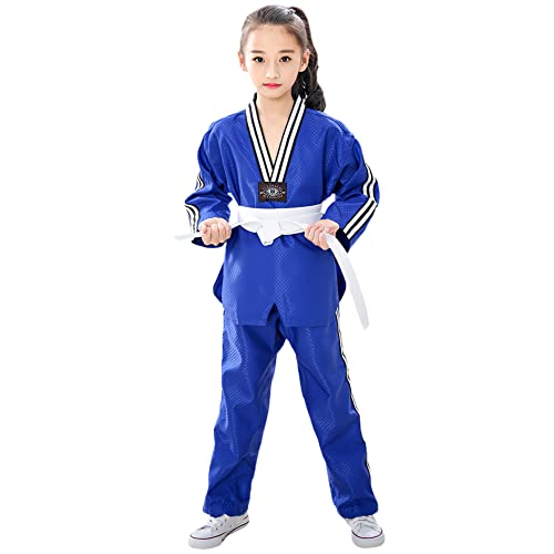 L SERVER Judoanzug Kinder Mädchen Karateanzug Kinder Jungen Kampfsportanzug Mädchen Taekwondo Anzug mit Gürtel,Blau, 140 von L SERVER