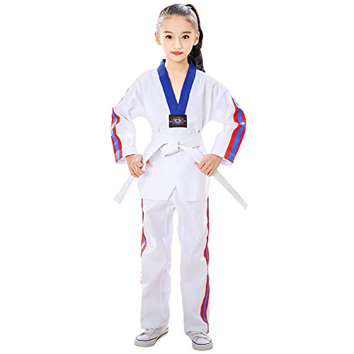 L SERVER Karateanzug Kinder Jungen Bequemer Professioneller Judoanzug Mädchen V-Ausschnitt Taekwondo Anzug mit Gürtel, Weiß D, 140 von L SERVER