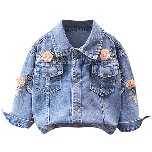 L SERVER Kinder Jeansjacke Mädchen Bestickte Übergangsjacke Modische Windjacke Lässige Outdoor-Jacke für Frühling und Herbst, Denimblau A, 122-128 von L SERVER